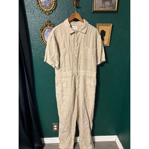 MATE 100% Organic Linen Utility Style Short Sleeve Jumpsuit in Natural XL - Picture 1 of 6